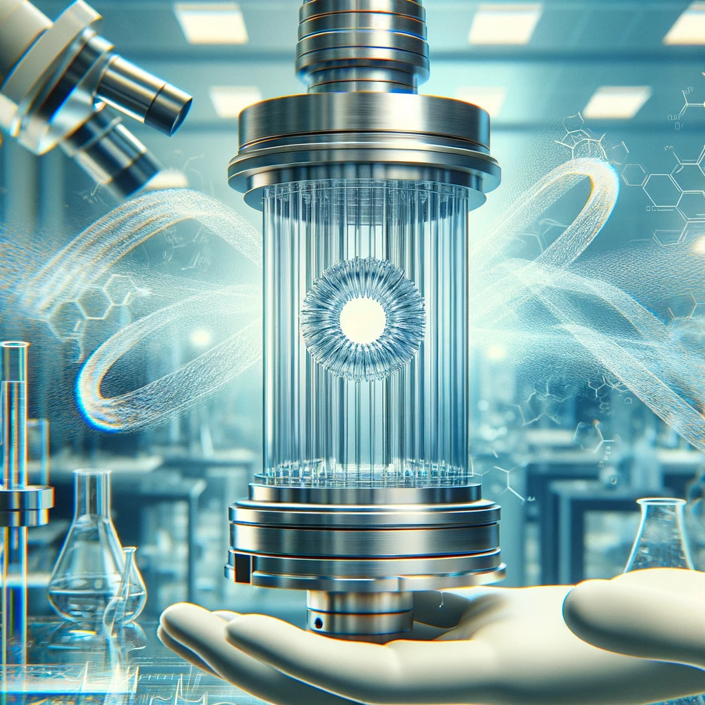 Close-up illustration of a spin-column with a silica membrane, set in a laboratory environment with blurred equipment in the background, highlighting modern DNA and RNA extraction technology.